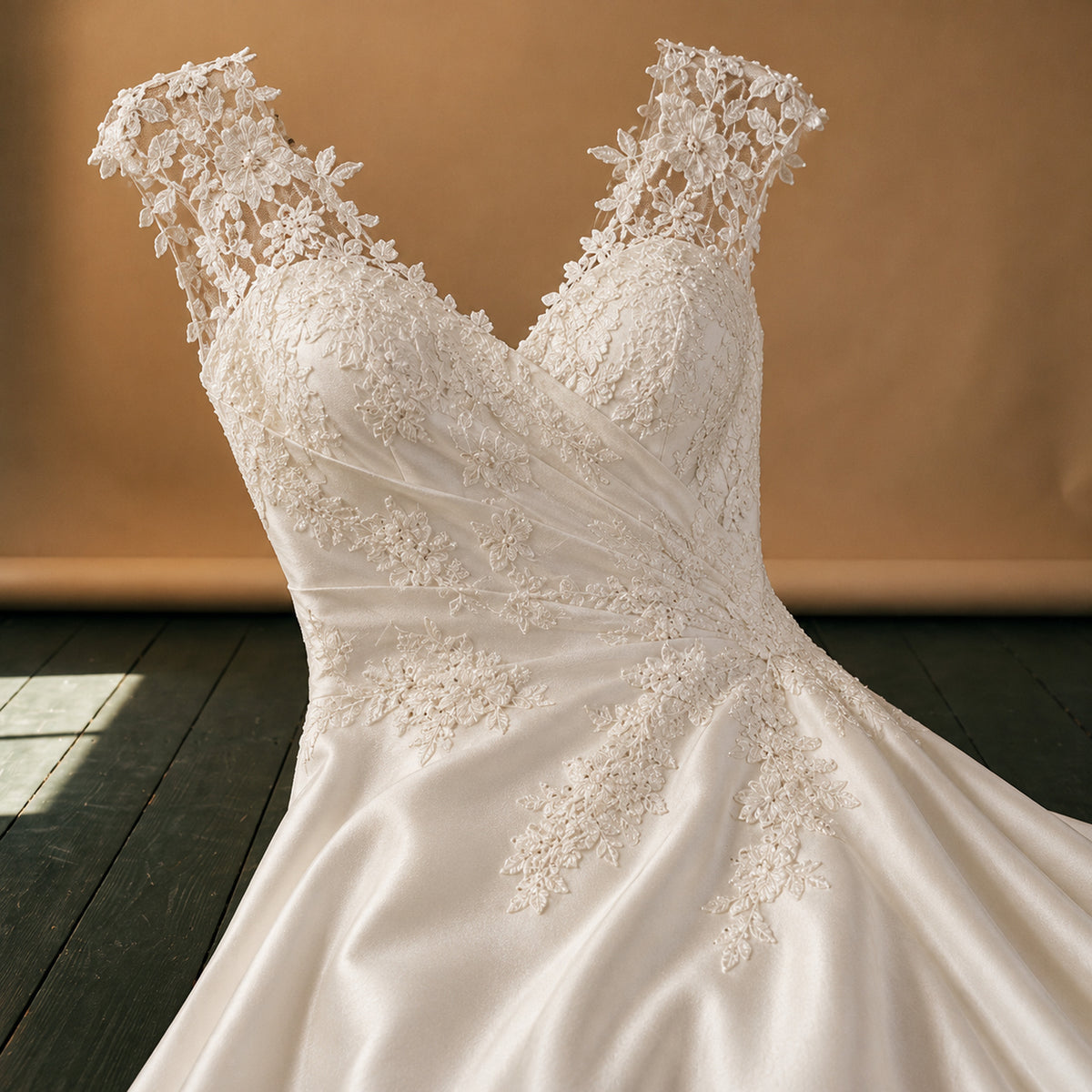 Gros plan sur le bustier en dentelle et la jupe lisse de la robe charleston grande taille mariage Imagen