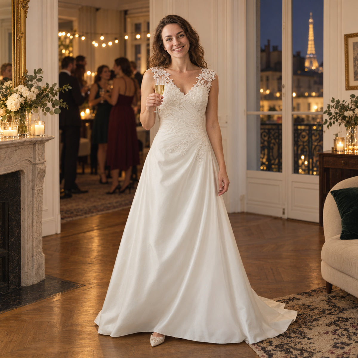 Mariée portant la robe charleston grande taille mariage longue en dentelle lors de la cérémonie Imagen