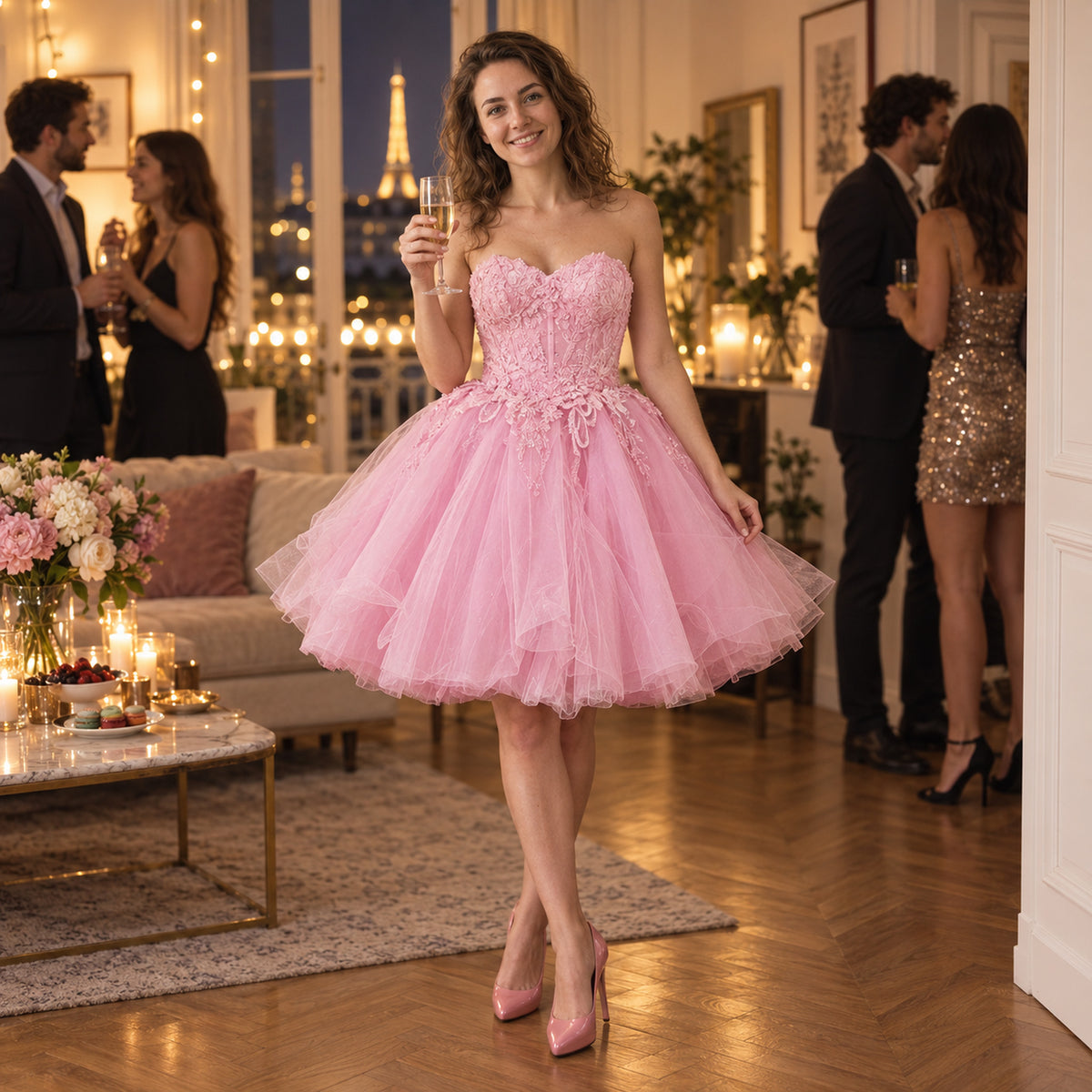 Jeune femme portant la robe charleston mariage ado rose courte lors d'un bal de mariage Imagen