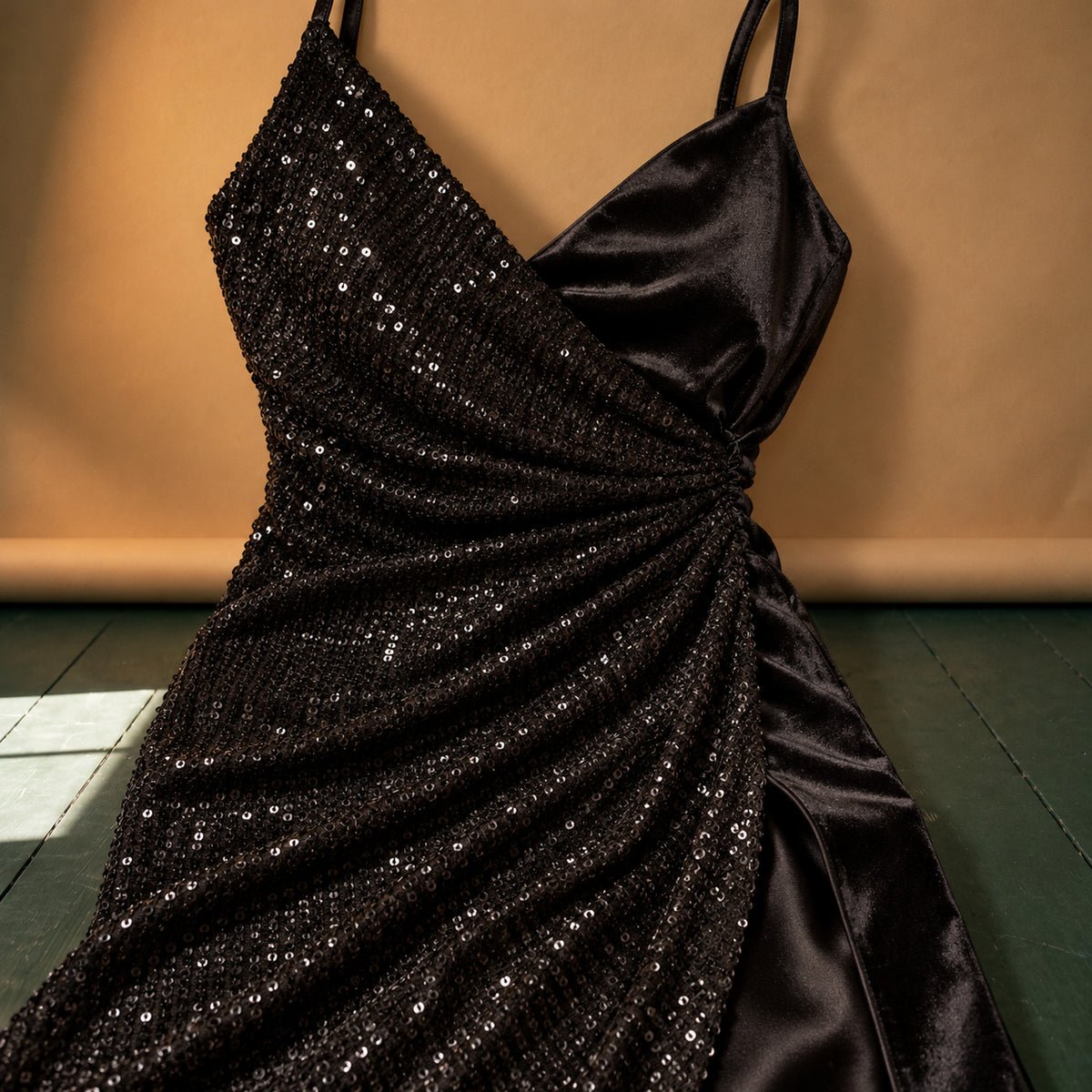 Gros plan sur le pan à sequins, le pan uni et le drapé de la taille de la robe charleston portefeuille Imagen