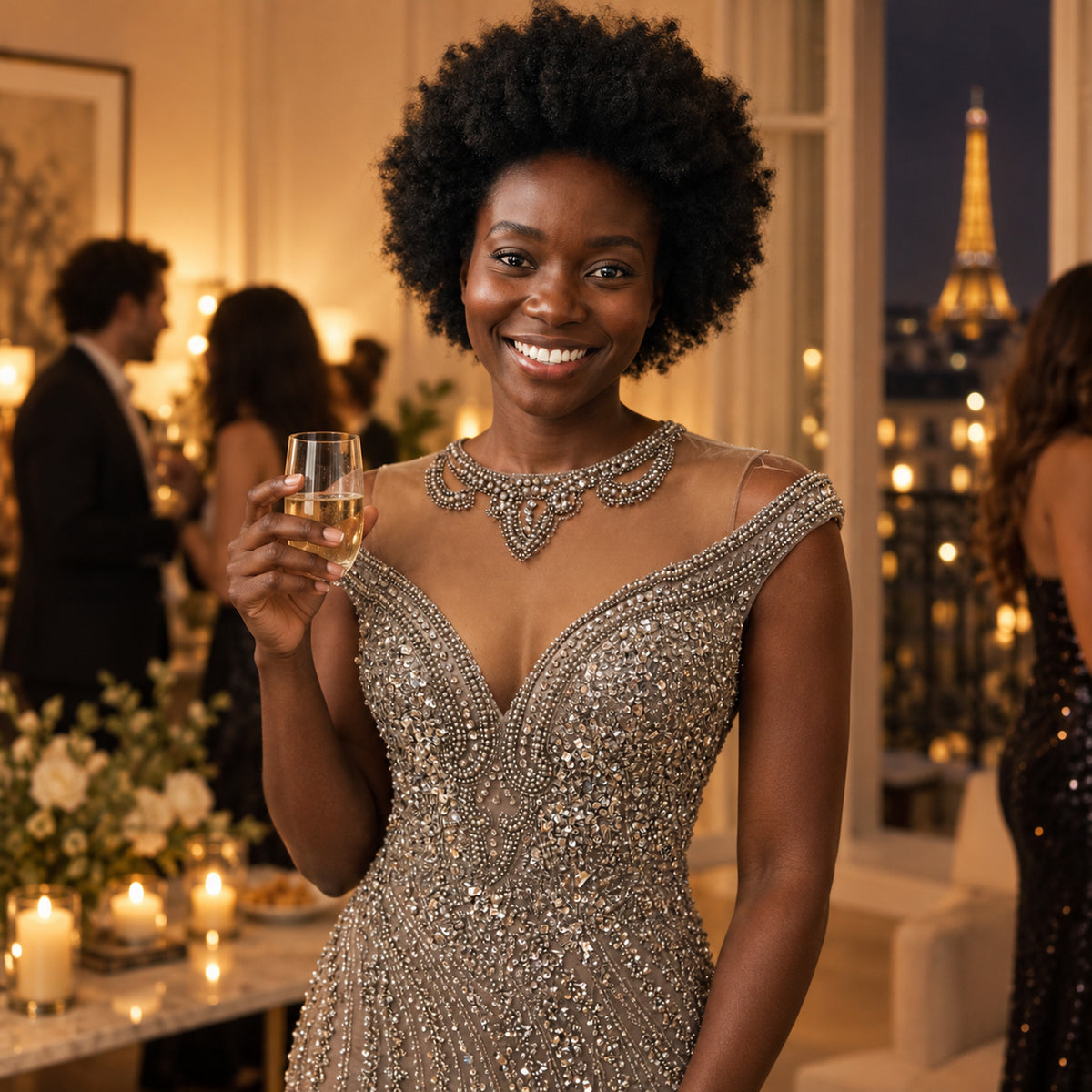Femme portant la robe cocktail charleston perlée lors d'un mariage, au moment de la première danse Imagen
