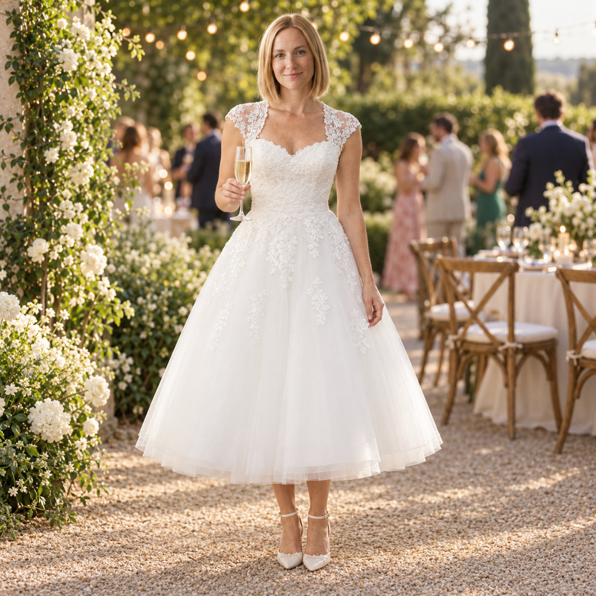 Mariée en robe courte en dentelle et tulle dansant lors d'une réception au jardin, guirlandes lumineuses Imagen