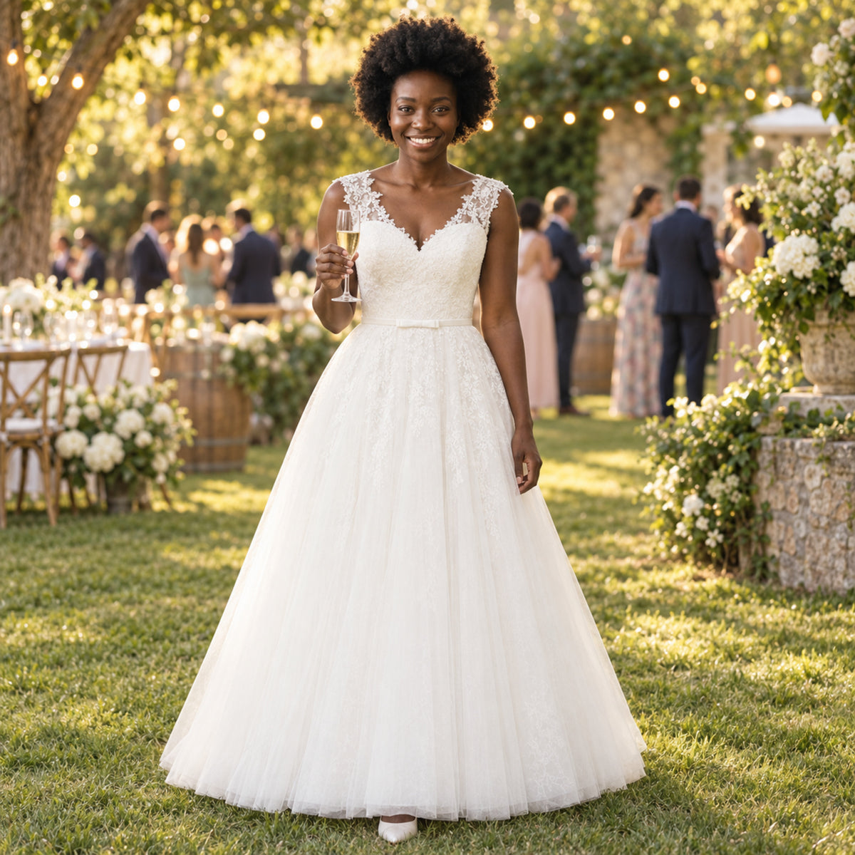 Mariée en robe courte vintage en dentelle et tulle lors d'une réception en plein air au jardin, guirlandes lumineuses Imagen