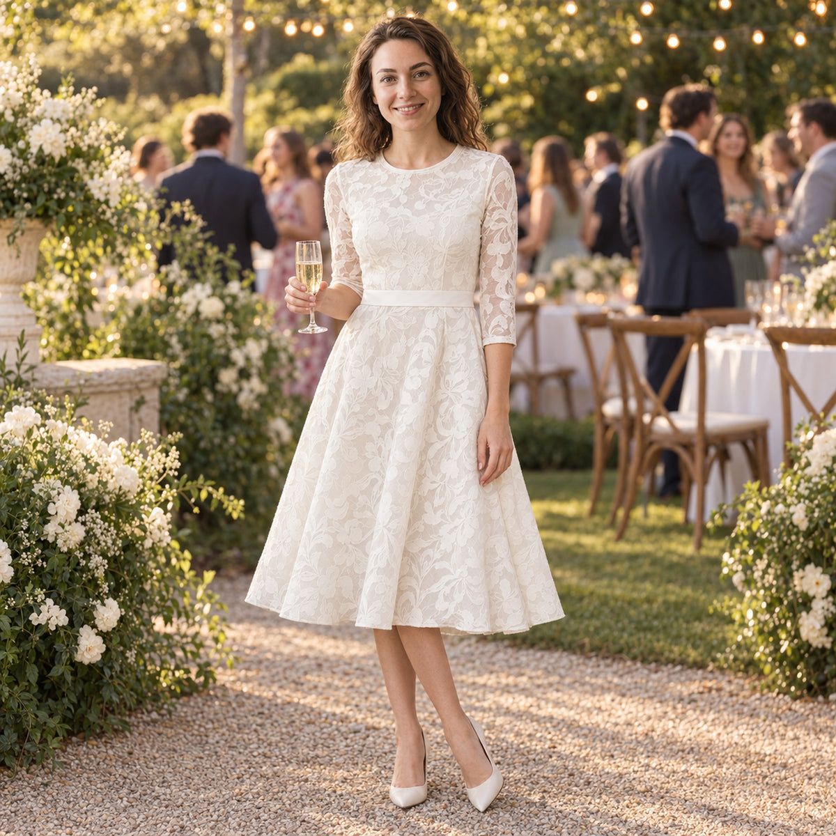Mariée portant la robe de mariée mi-longue vintage en coton et dentelle lors d'un vin d'honneur dans un jardin Imagen
