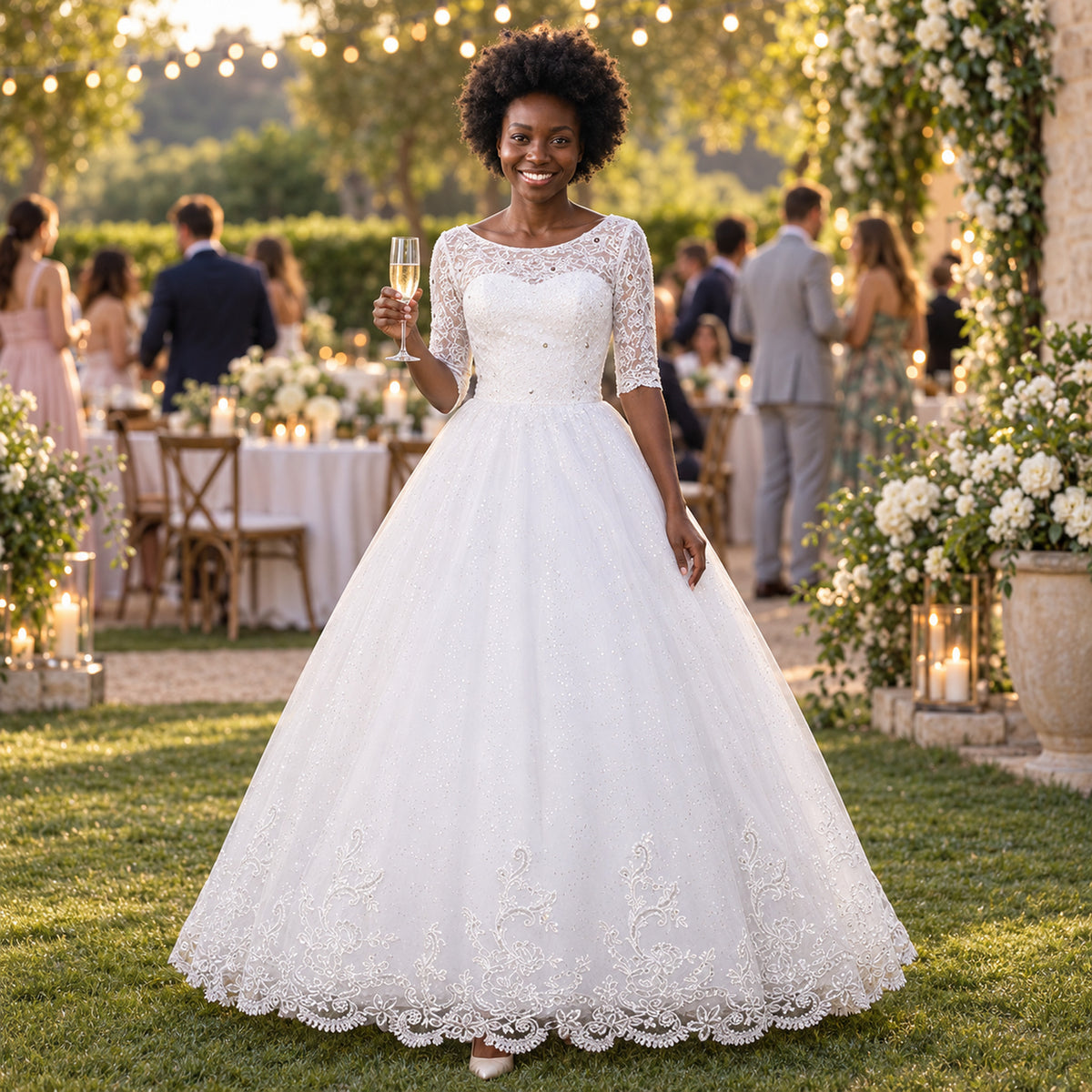 Mariée portant la robe de mariée vintage en dentelle à manches mi-longues pendant le repas de mariage Imagen