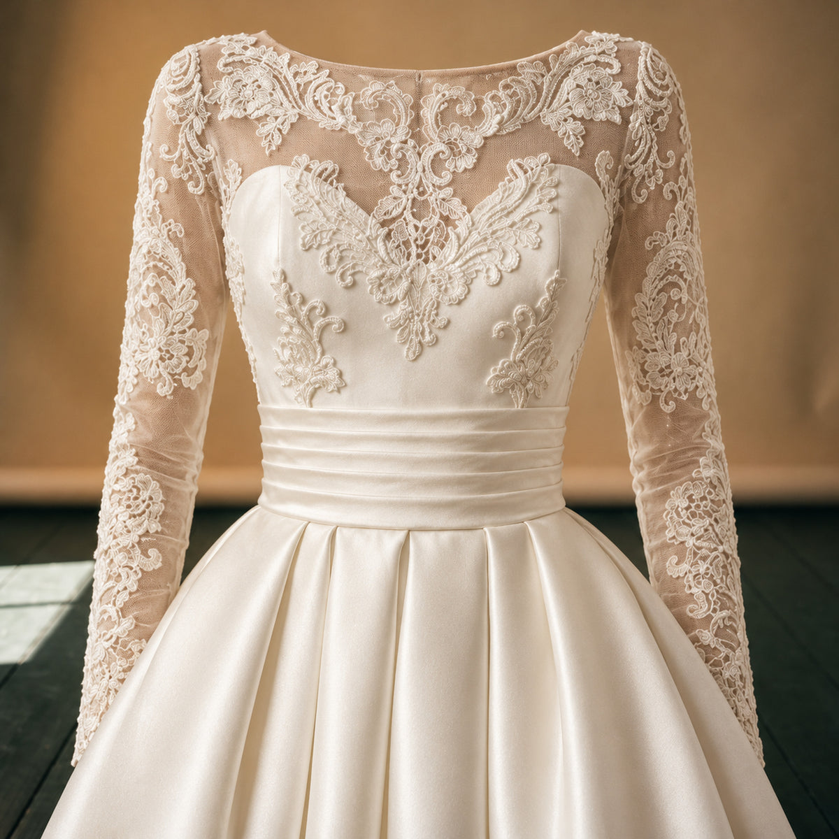 Gros plan sur les appliqués de dentelle du bustier et le satin de la robe de mariée vintage à manches longues Imagen