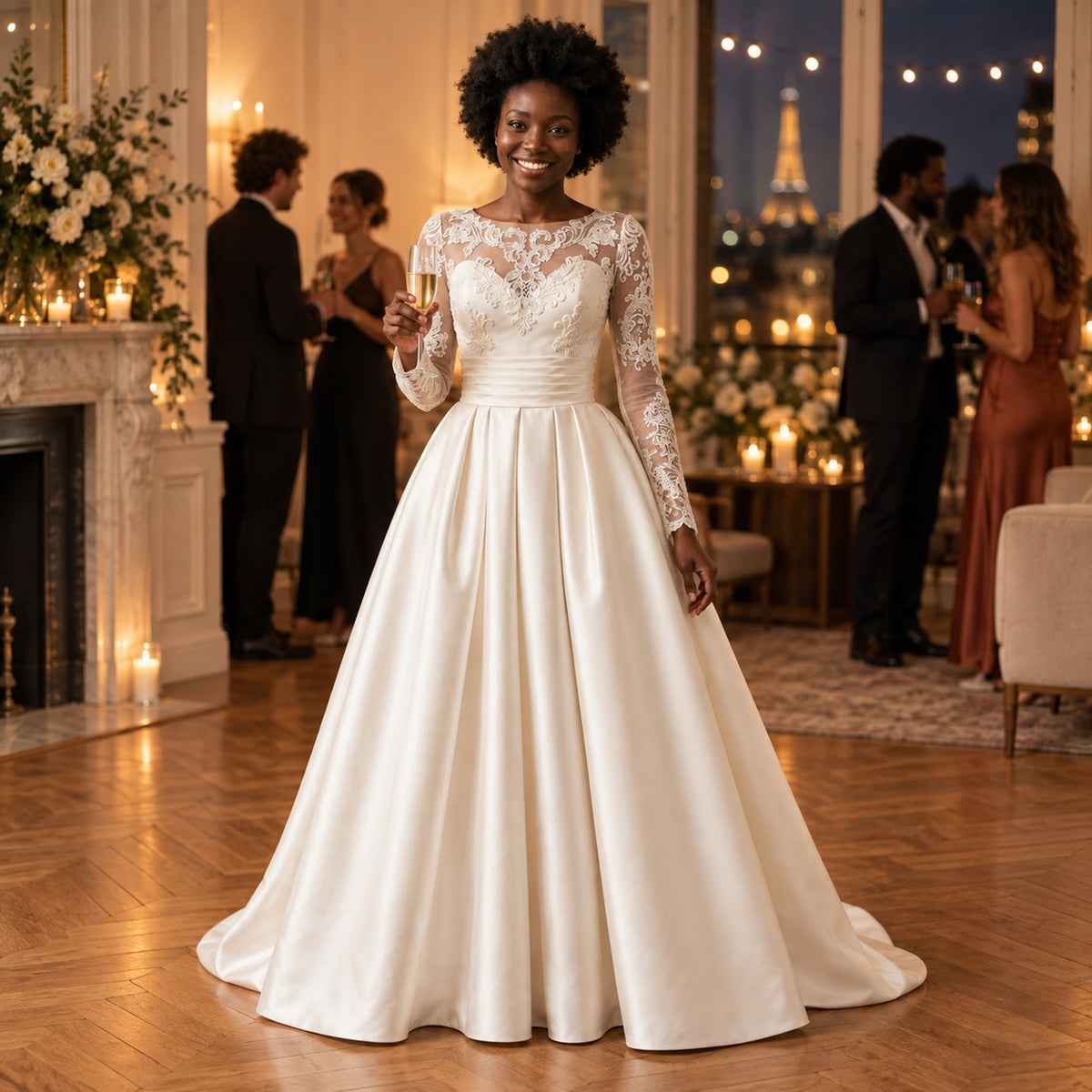 Mariée portant la robe de mariée vintage à manches longues en dentelle, dos nu visible, lors du bal Imagen