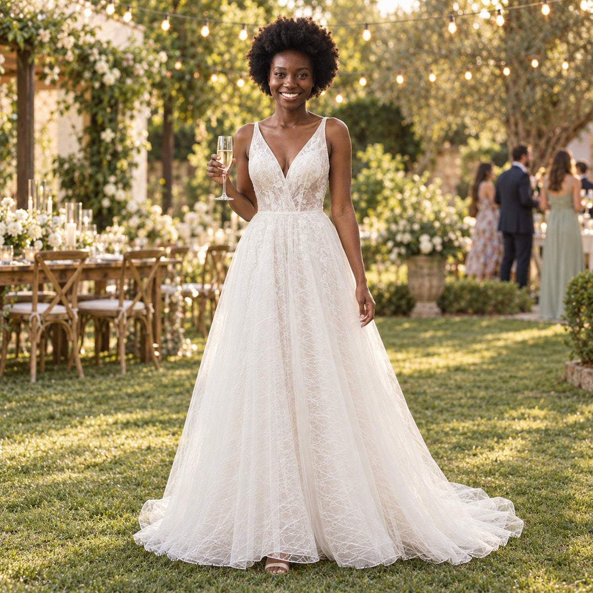 Mariée portant la robe de mariée vintage chic en tulle à dos nu lors d'un mariage d'été dans un jardin Imagen