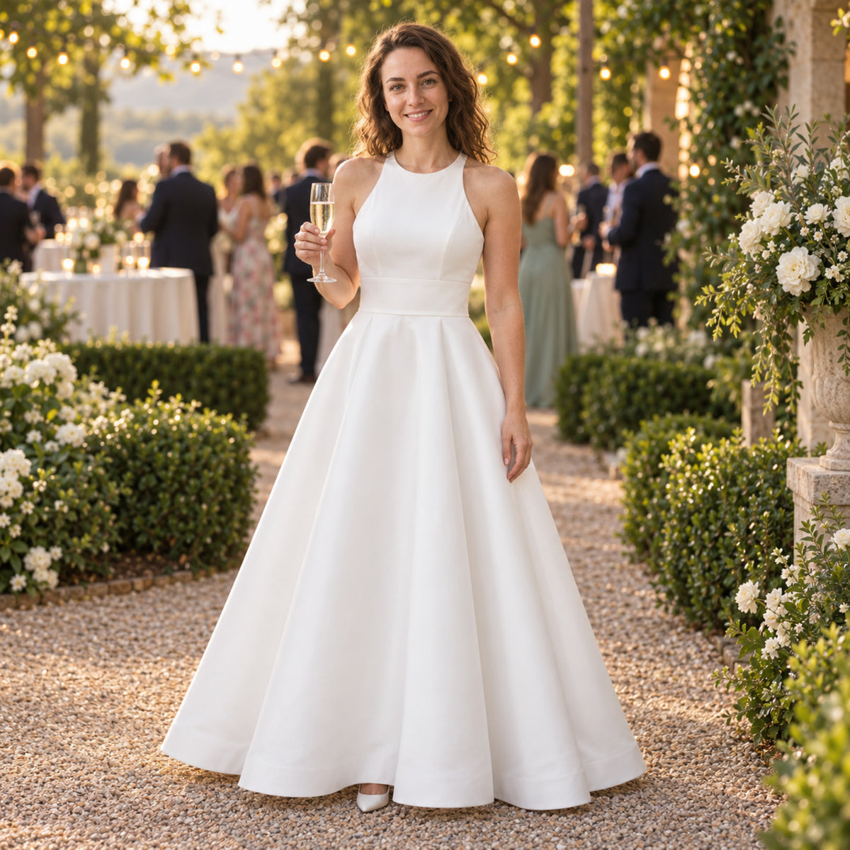 Mariée en robe vintage mi-longue à dos en dentelle lors d'une réception en plein air au jardin Imagen