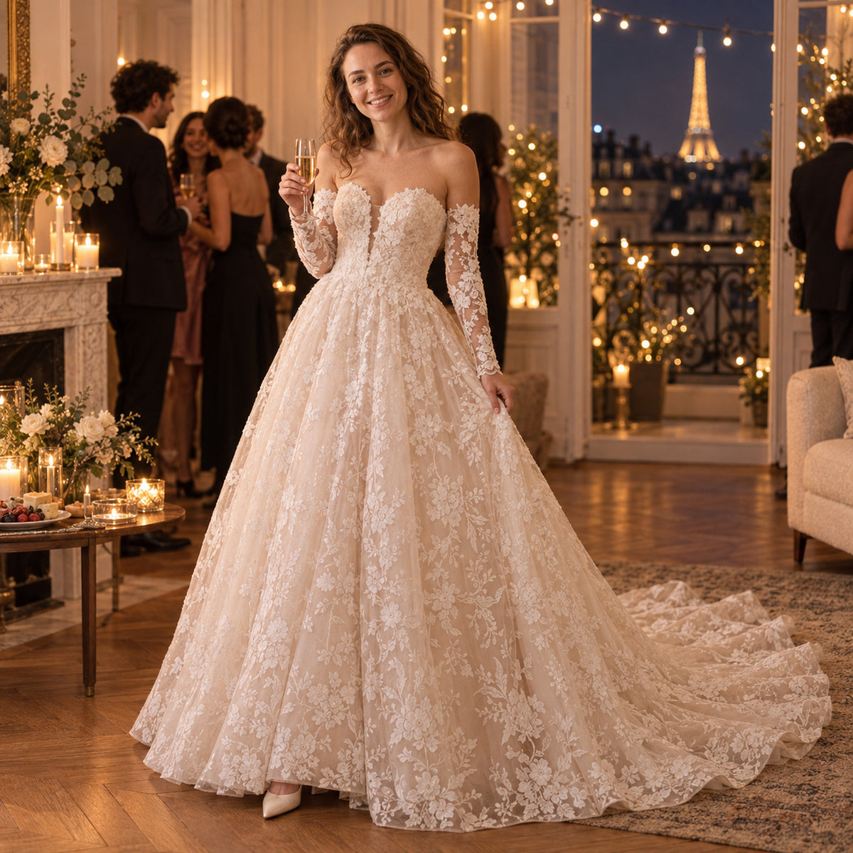 Mariée portant la robe charleston mariage longue effet dentelle à la sortie de la cérémonie Imagen