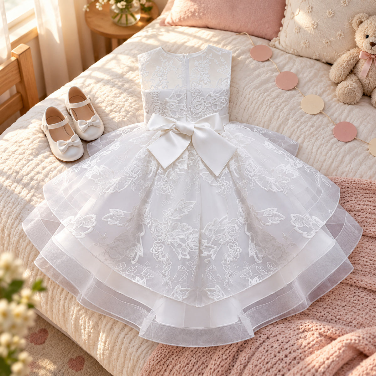 Fillette portant la robe de mariage petite fille style charleston blanche en train de courir dans un jardin de réception Imagen