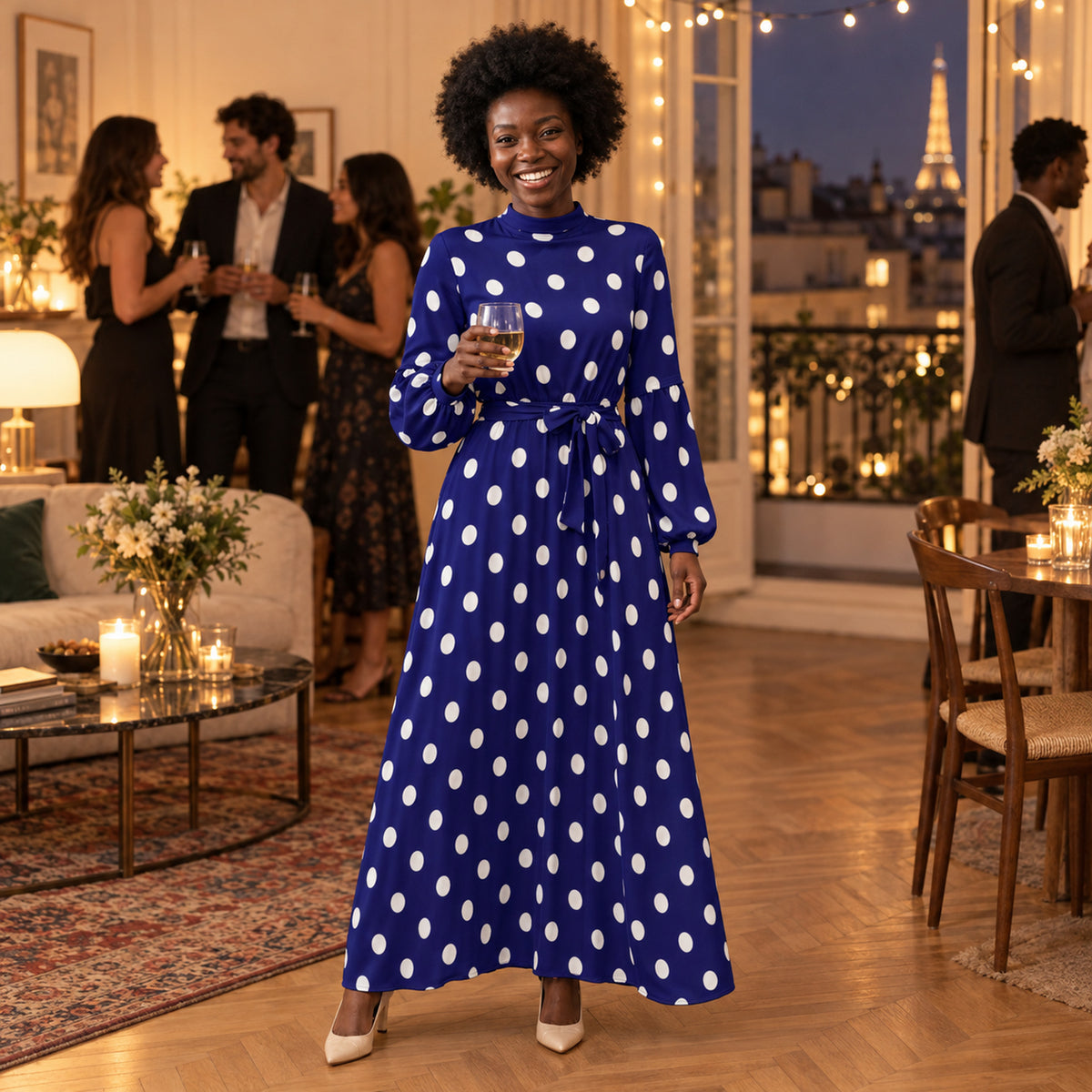 Femme portant la robe maxi années 80 à pois bleus lors d'une soirée à thème entre amis Imagen