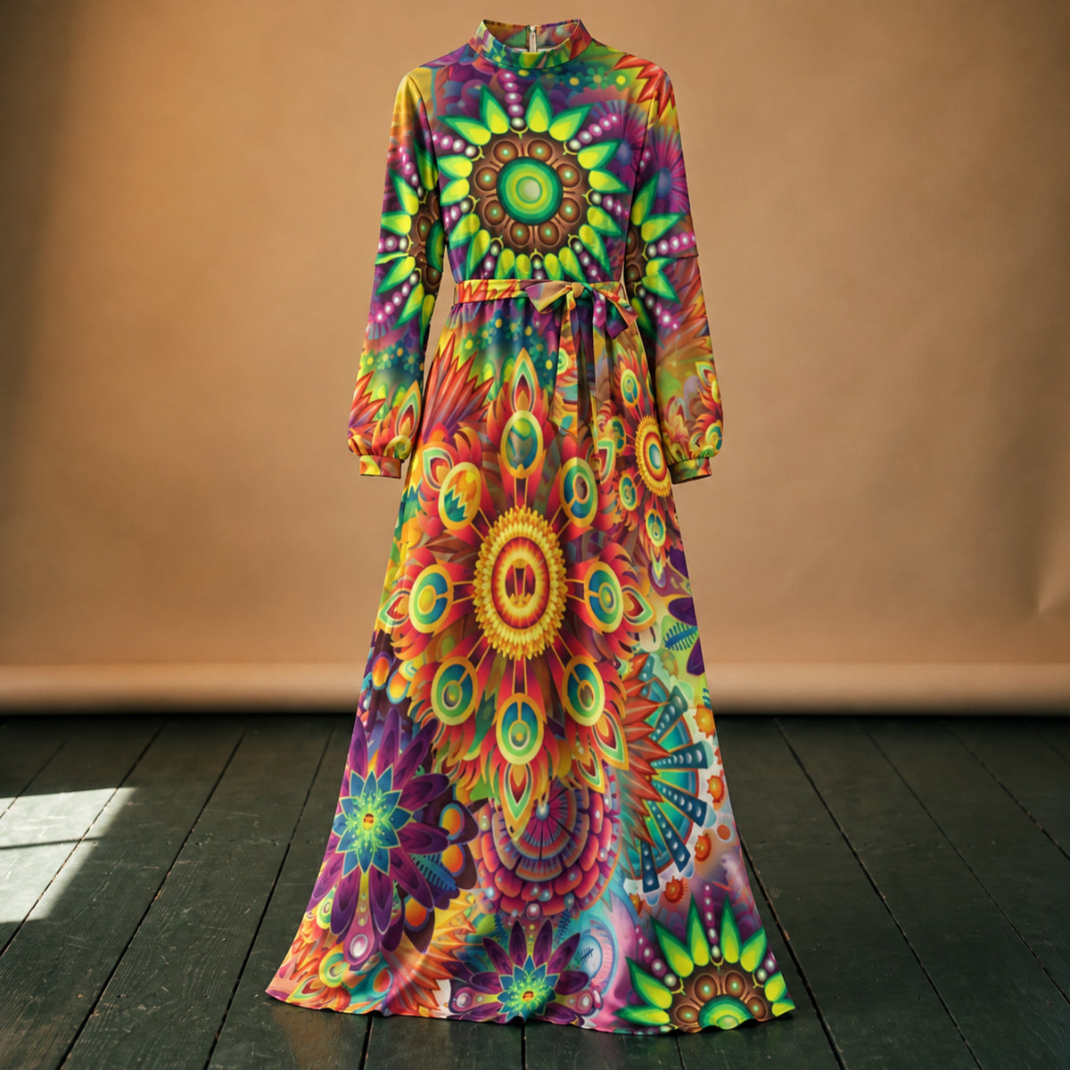 Gros plan sur le polyester léger, le col roulé et la ceinture nouée de la robe maxi vintage années 80 Imagen