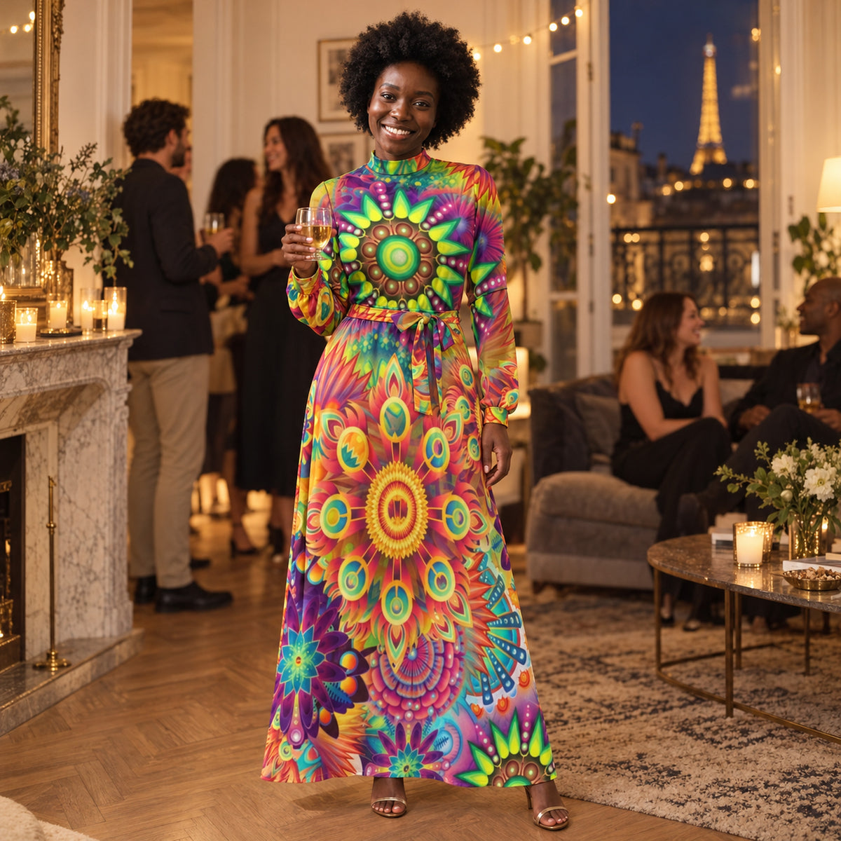 Femme portant la robe maxi vintage années 80 à col roulé lors d'une soirée à thème entre amis Imagen