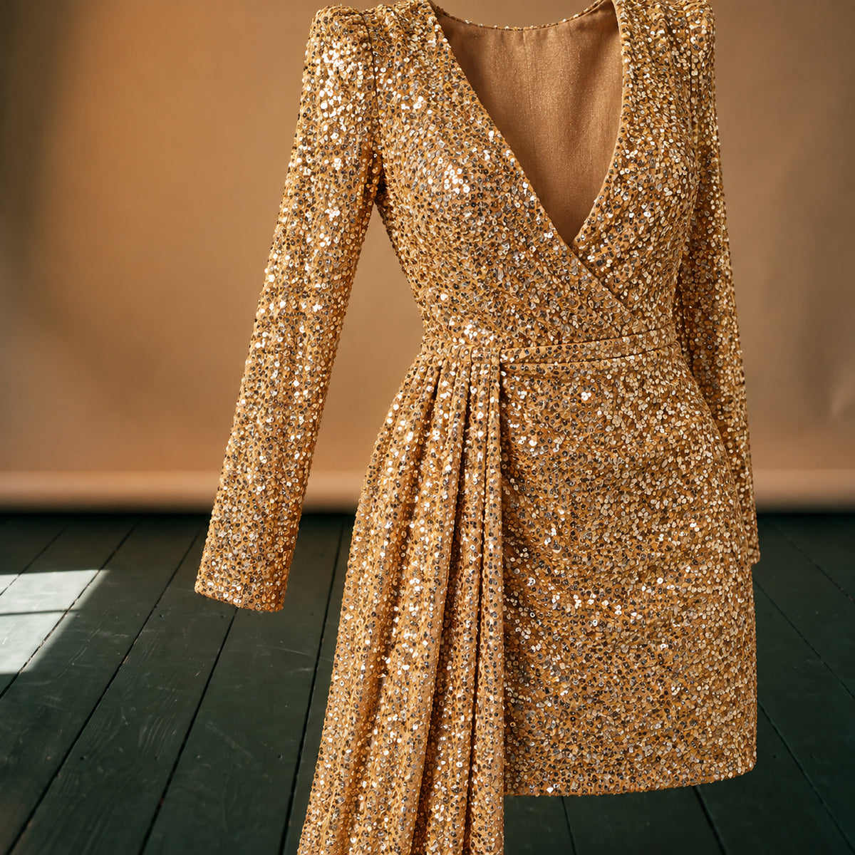 Gros plan sur les sequins dorés et la manche longue de la robe charleston chic courte Imagen