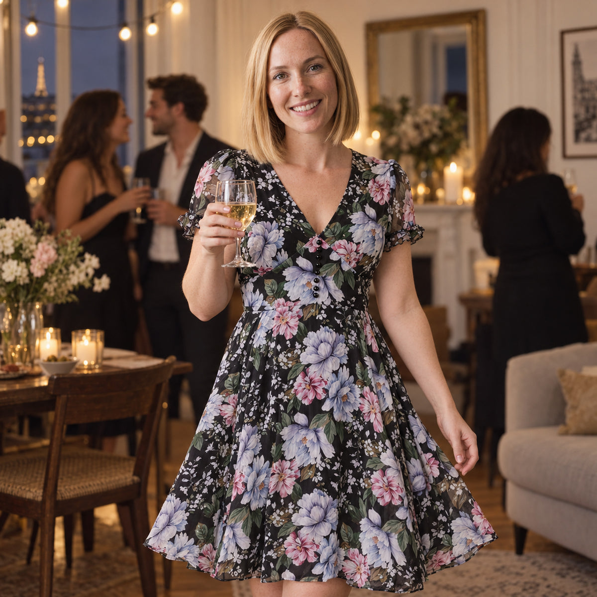 Femme portant la robe vintage années 50 fleurie noire lors d'une soirée à thème entre amis Imagen