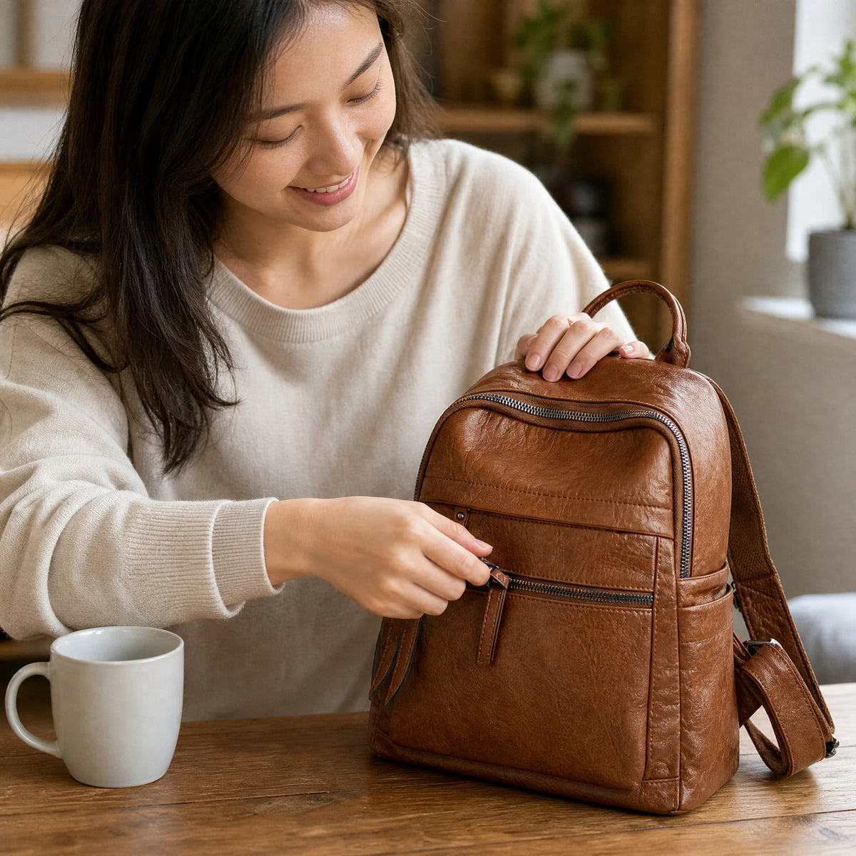Sac à dos cuir vintage femme multi-poches marron ou noir - utilisation