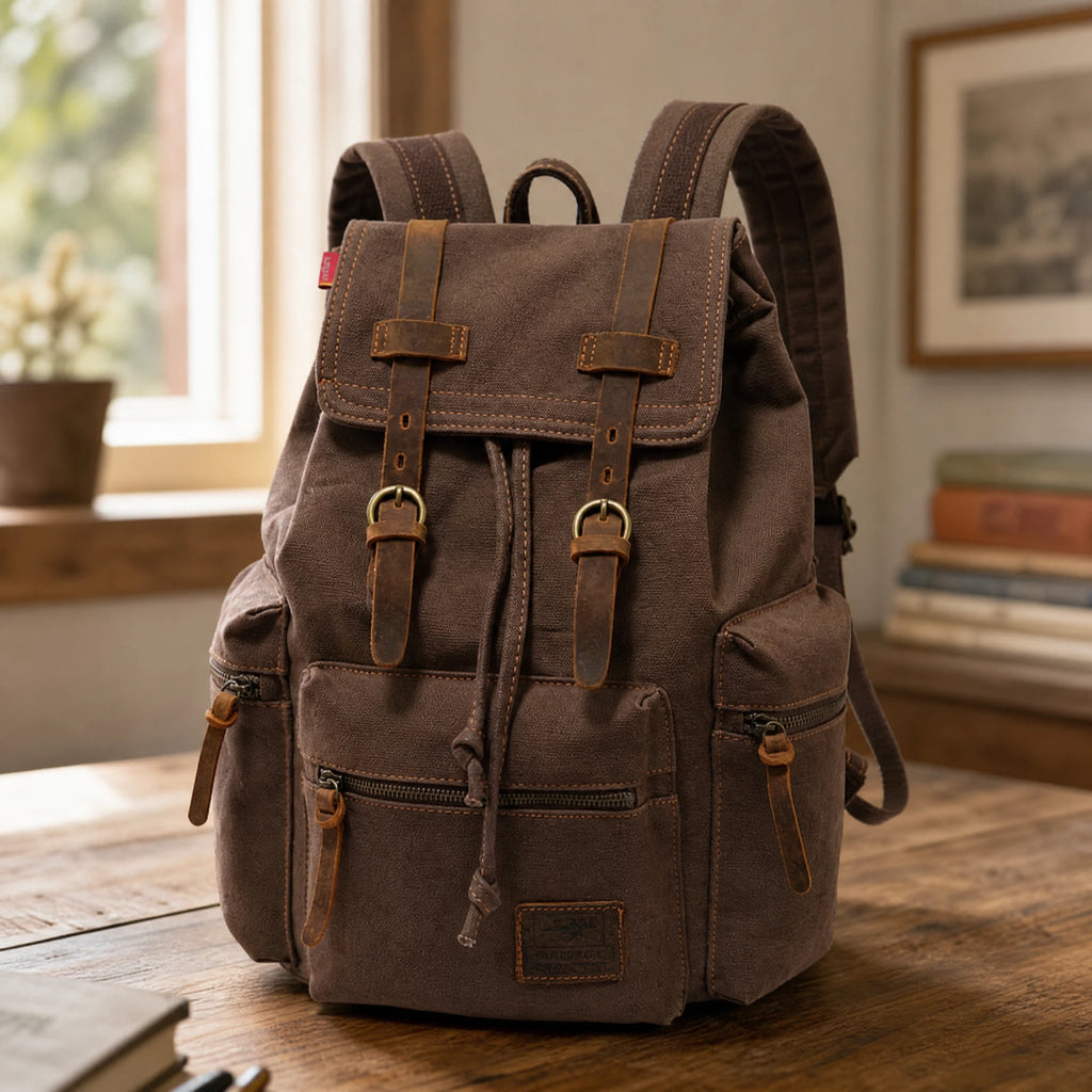 Sac à dos vintage en toile et cuir avec multiples poches - produit en situation