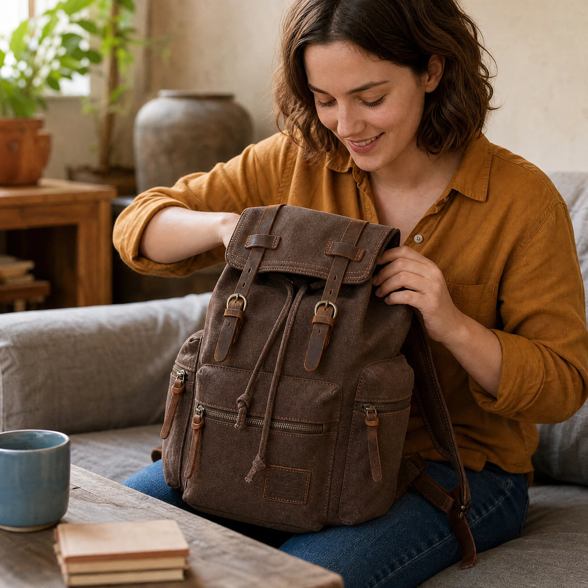 Sac à dos vintage en toile et cuir avec multiples poches - utilisation