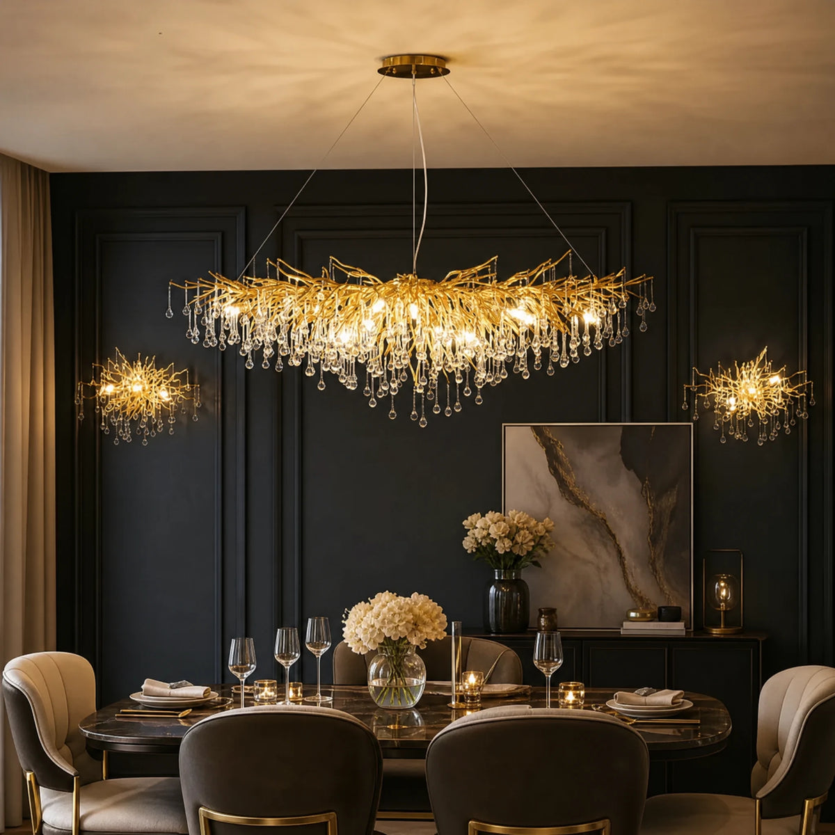 Suspension Cristal Design Dorée à Branches et Gouttes - OBJETS VARIES