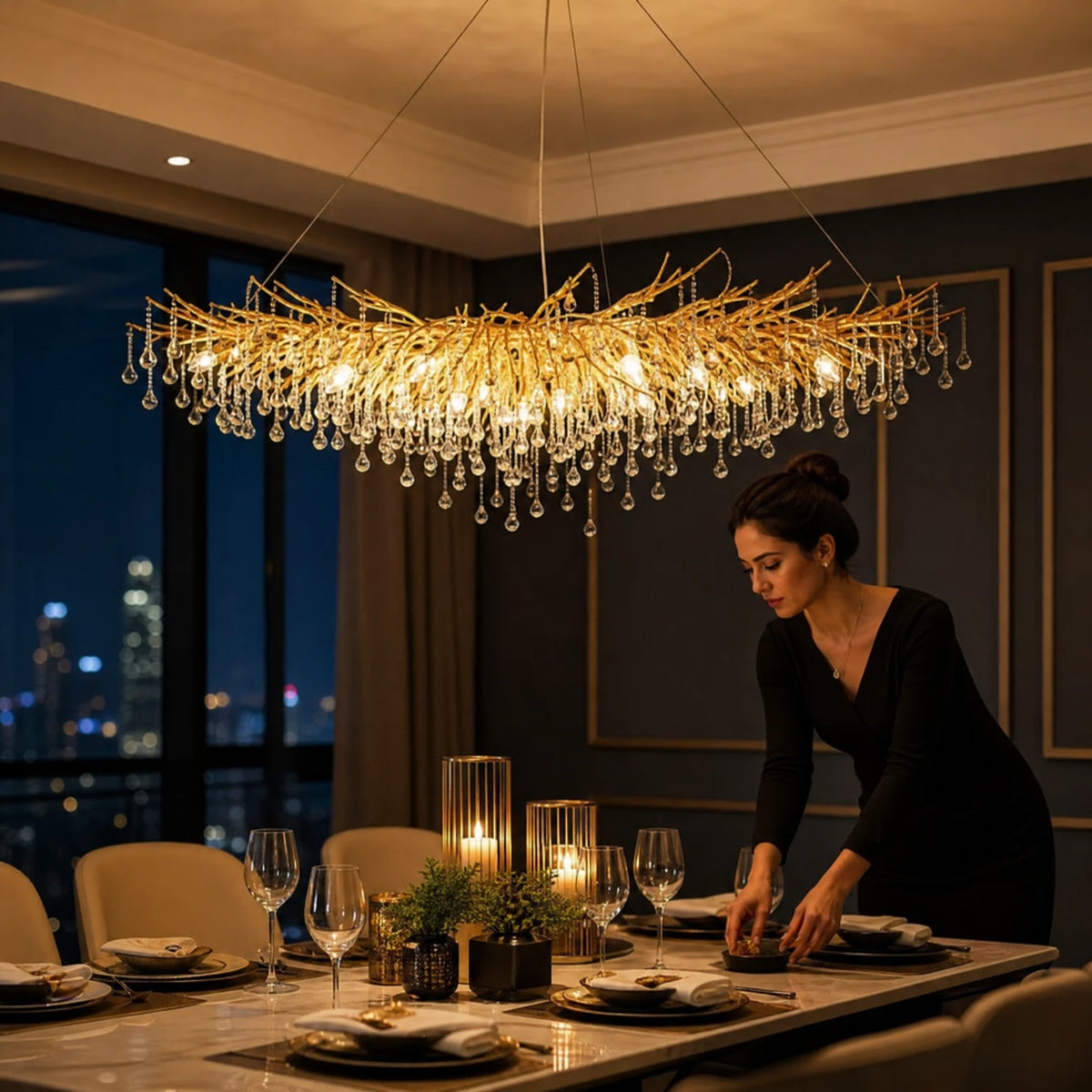 Suspension Cristal Design Dorée à Branches et Gouttes - Utilisation GLOBALE