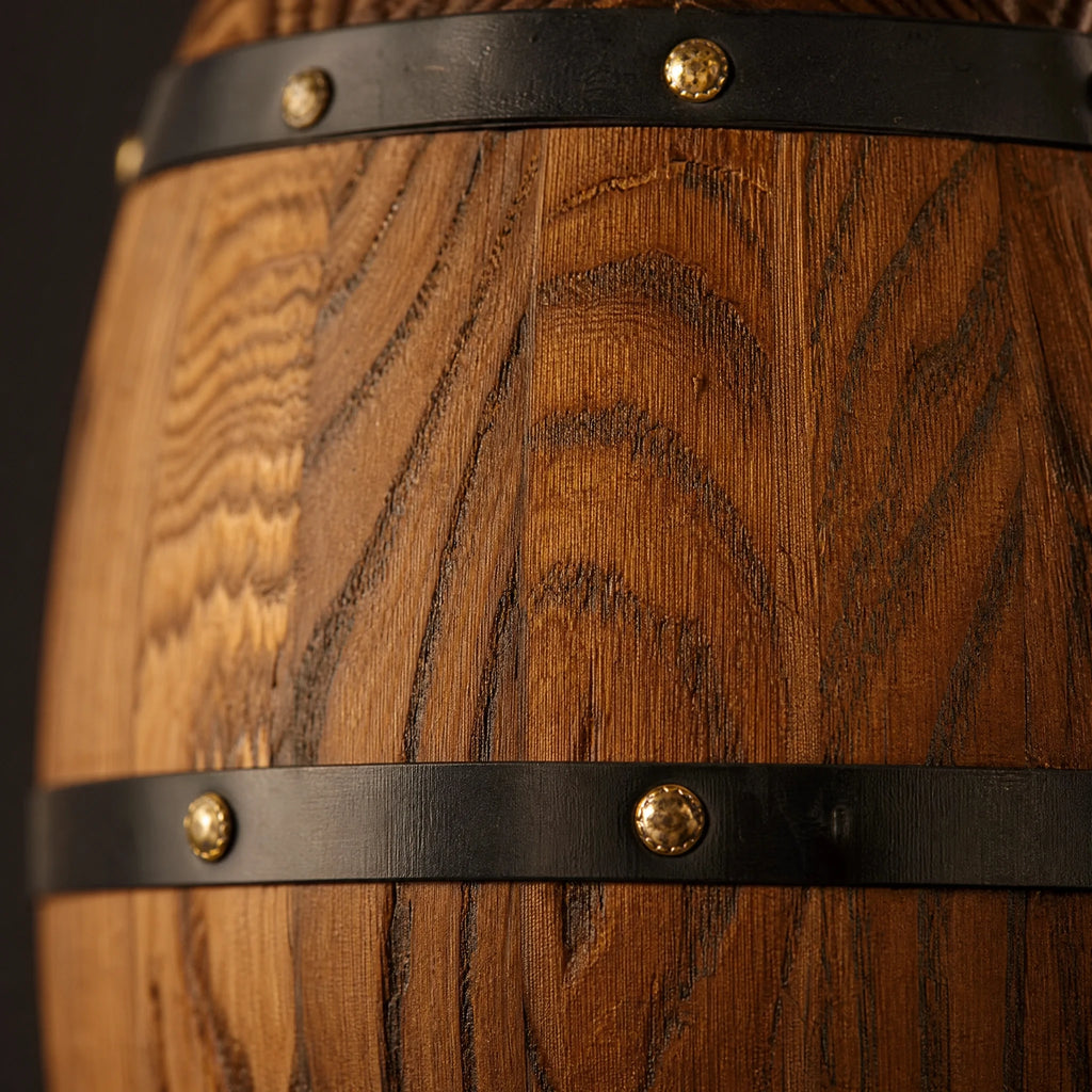 Suspension en bois forme tonneau avec cerclages métal - close-up détail matière