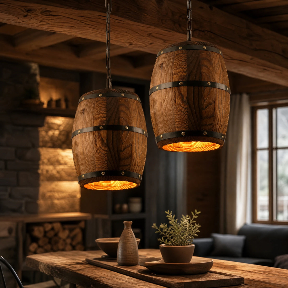 Suspension en bois forme tonneau avec cerclages métal - OBJETS VARIES