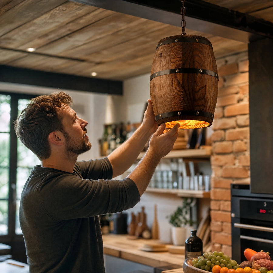 Suspension en bois forme tonneau avec cerclages métal - Utilisation GLOBALE