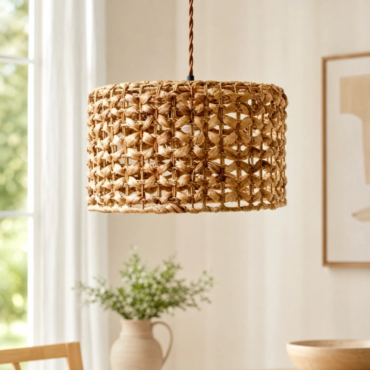 Suspension en rotin tressé cylindrique beige naturel - OBJETS VARIES