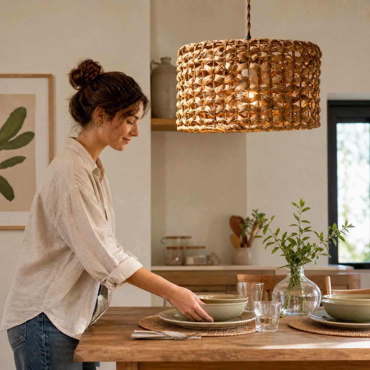 Suspension en rotin tressé cylindrique beige naturel - Utilisation GLOBALE
