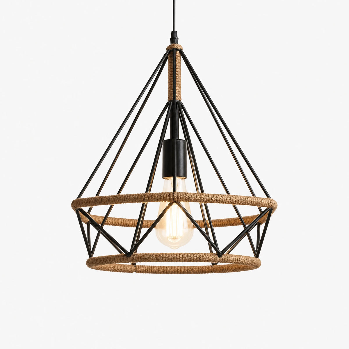 Suspension industrielle diamant en métal et corde tressée - image principale
