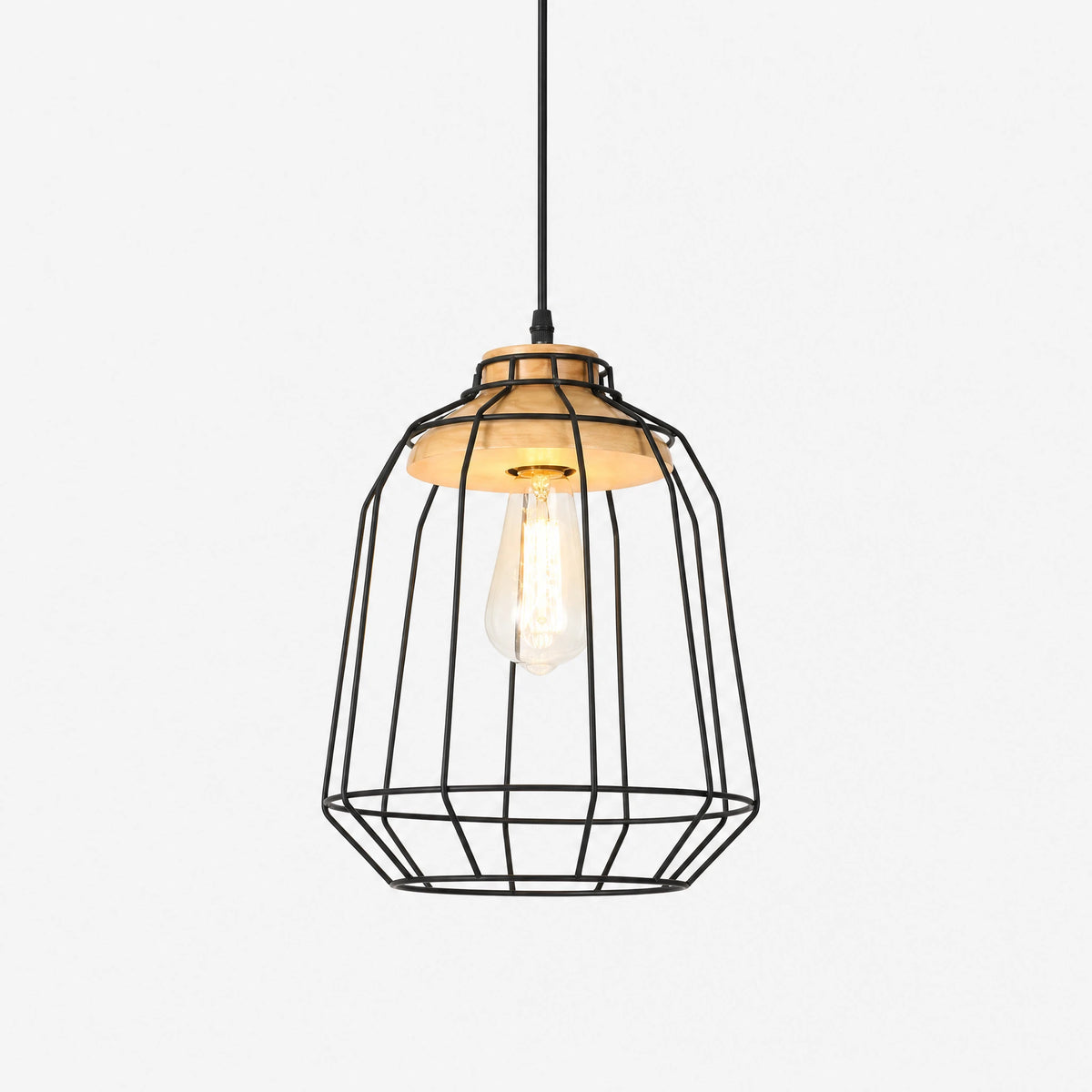 Suspension luminaire cage métal et bois industrielle - image principale
