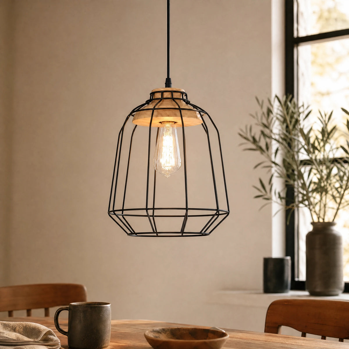 Suspension luminaire cage métal et bois industrielle - OBJETS VARIES