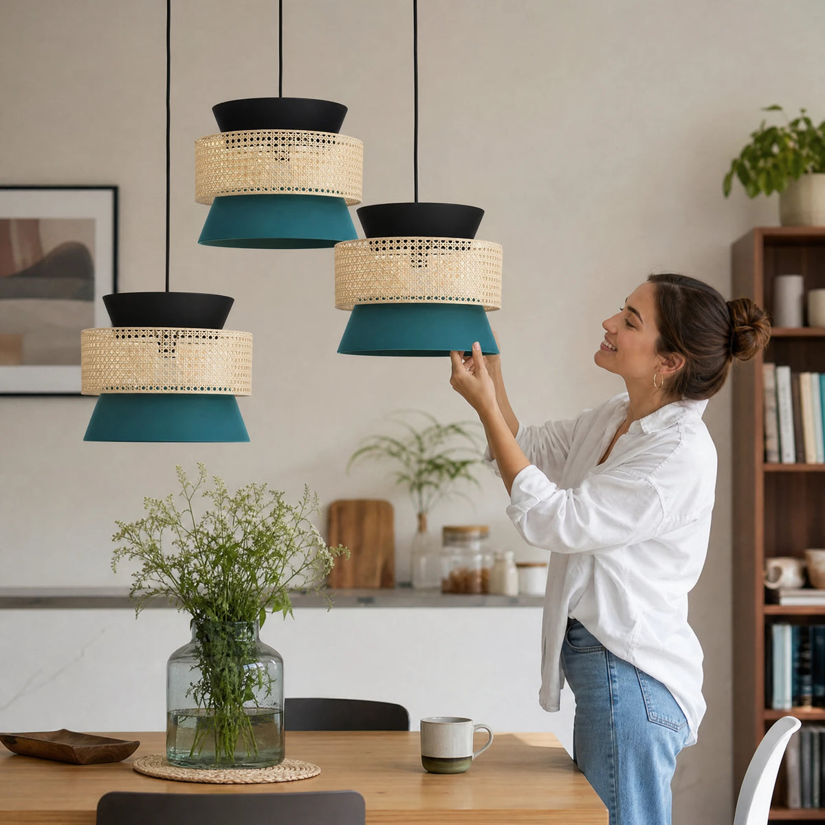 Suspension rotin colorée avec abat-jour superposés - Utilisation GLOBALE