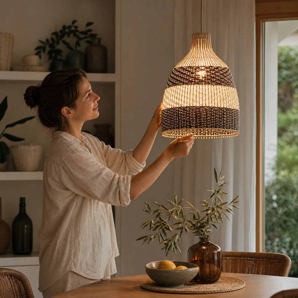 Suspension Rotin Tressé à Motifs Géométriques Bicolores - Utilisation GLOBALE