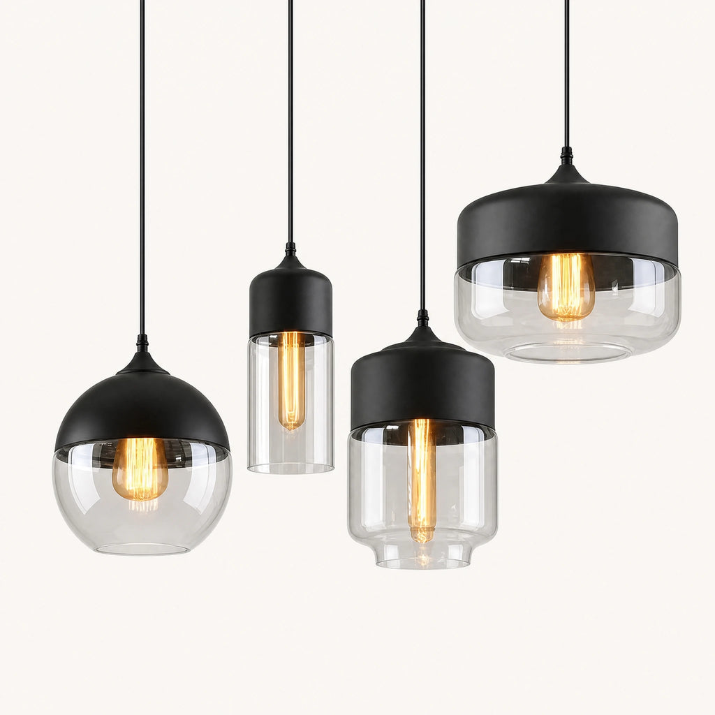 Suspension Verre Industrielle Noire avec Globe Transparent - image principale