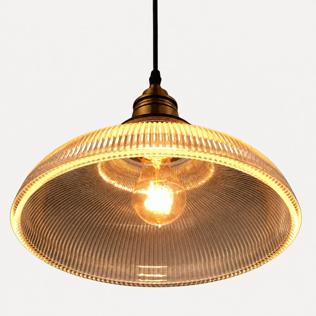 Suspension Verre Strié Abat-Jour Cloche Finition Bronze - image principale