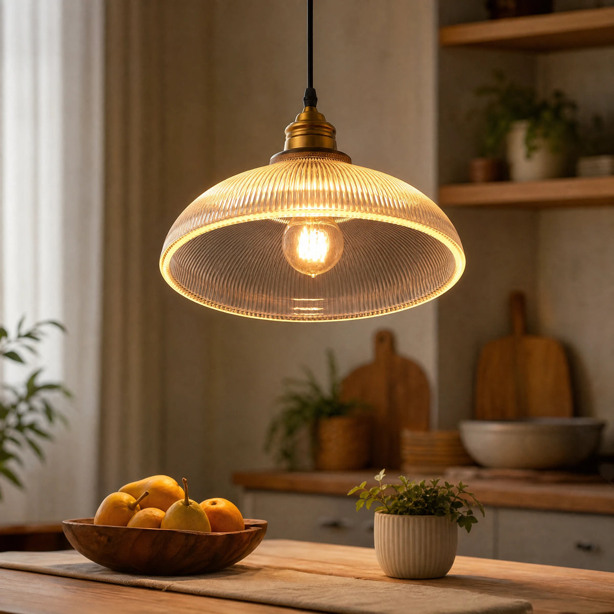 Suspension Verre Strié Abat-Jour Cloche Finition Bronze - OBJETS VARIES
