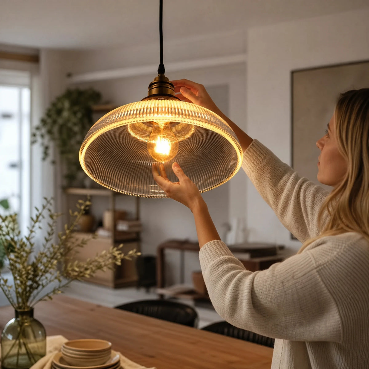 Suspension Verre Strié Abat-Jour Cloche Finition Bronze - Utilisation GLOBALE