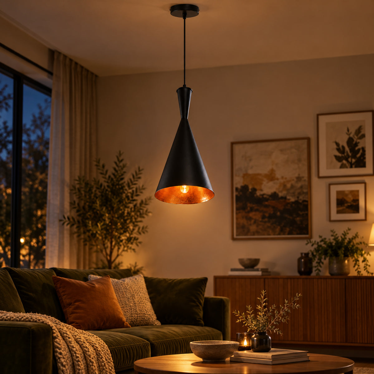 Suspension Vintage Conique Noire à Intérieur Cuivré allumée dans un cuisine chaleureux, le soir Imagen