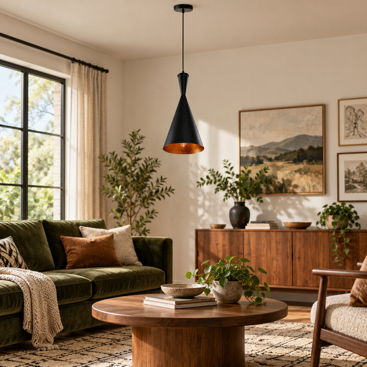 Suspension Vintage Conique Noire à Intérieur Cuivré éteinte en plein jour, pour juger de sa taille Imagen
