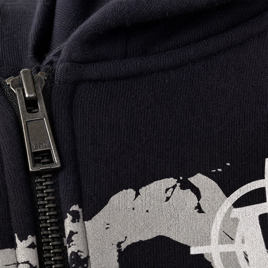 Sweat Zippé à Capuche Noir avec Imprimé Graphique - close-up détail matière
