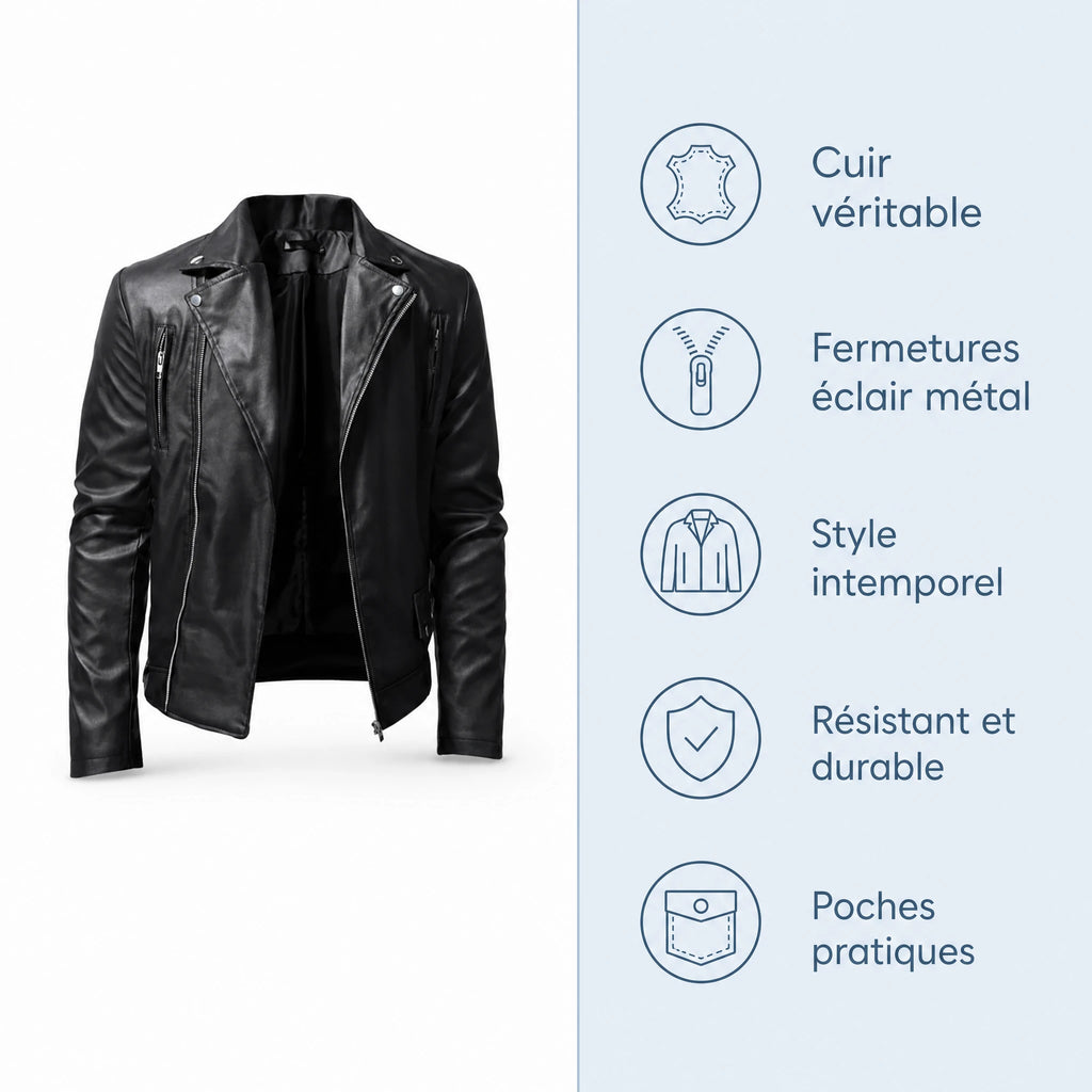Veste de moto en cuir délavé vintage avec col montant - Bénéfices produit