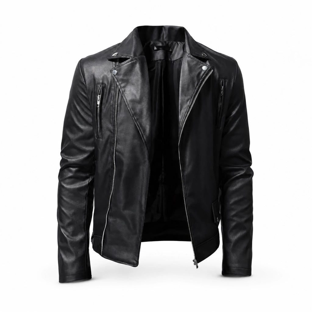 Veste de moto en cuir délavé vintage avec col montant - image principale