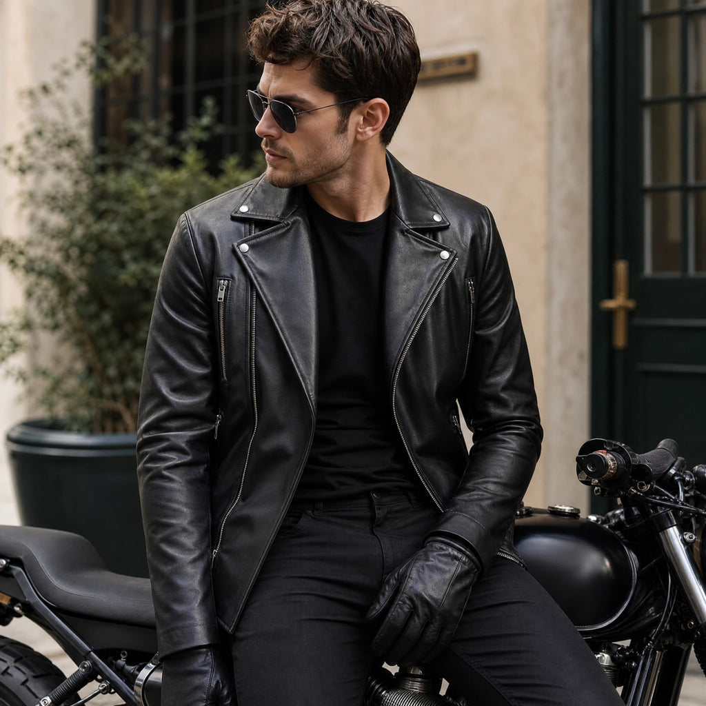 Veste de moto en cuir délavé vintage avec col montant - Utilisation GLOBALE