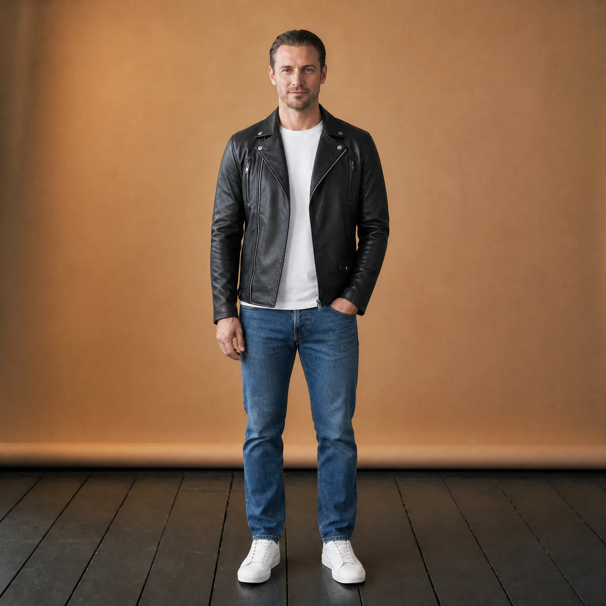 Veste de moto en cuir délavé vintage avec col montant - VETEMENT Studio HOMME