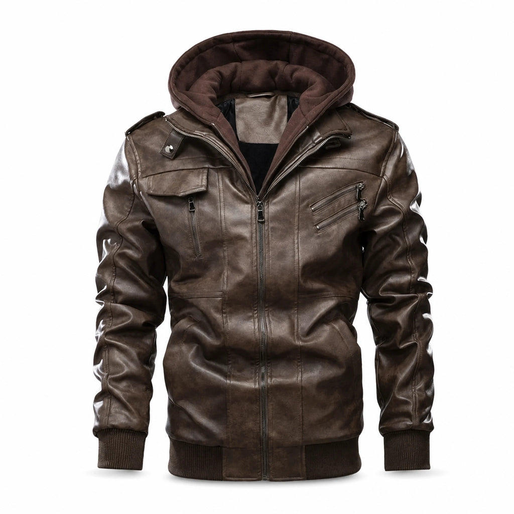Veste en cuir vintage multi-poches à capuche pour homme - image principale
