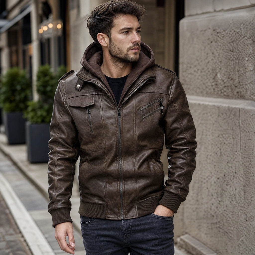 Veste en cuir vintage multi-poches à capuche pour homme - Utilisation GLOBALE