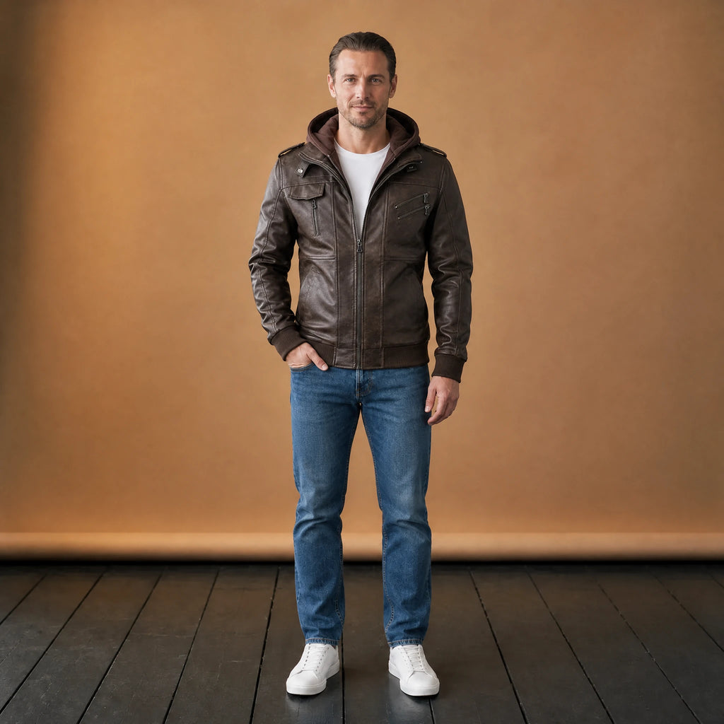 Veste en cuir vintage multi-poches à capuche pour homme - VETEMENT Studio HOMME