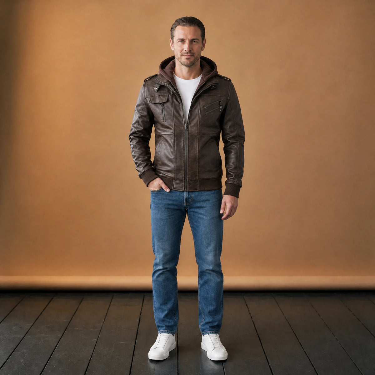 Veste en cuir vintage multi-poches à capuche pour homme - VETEMENT Studio HOMME